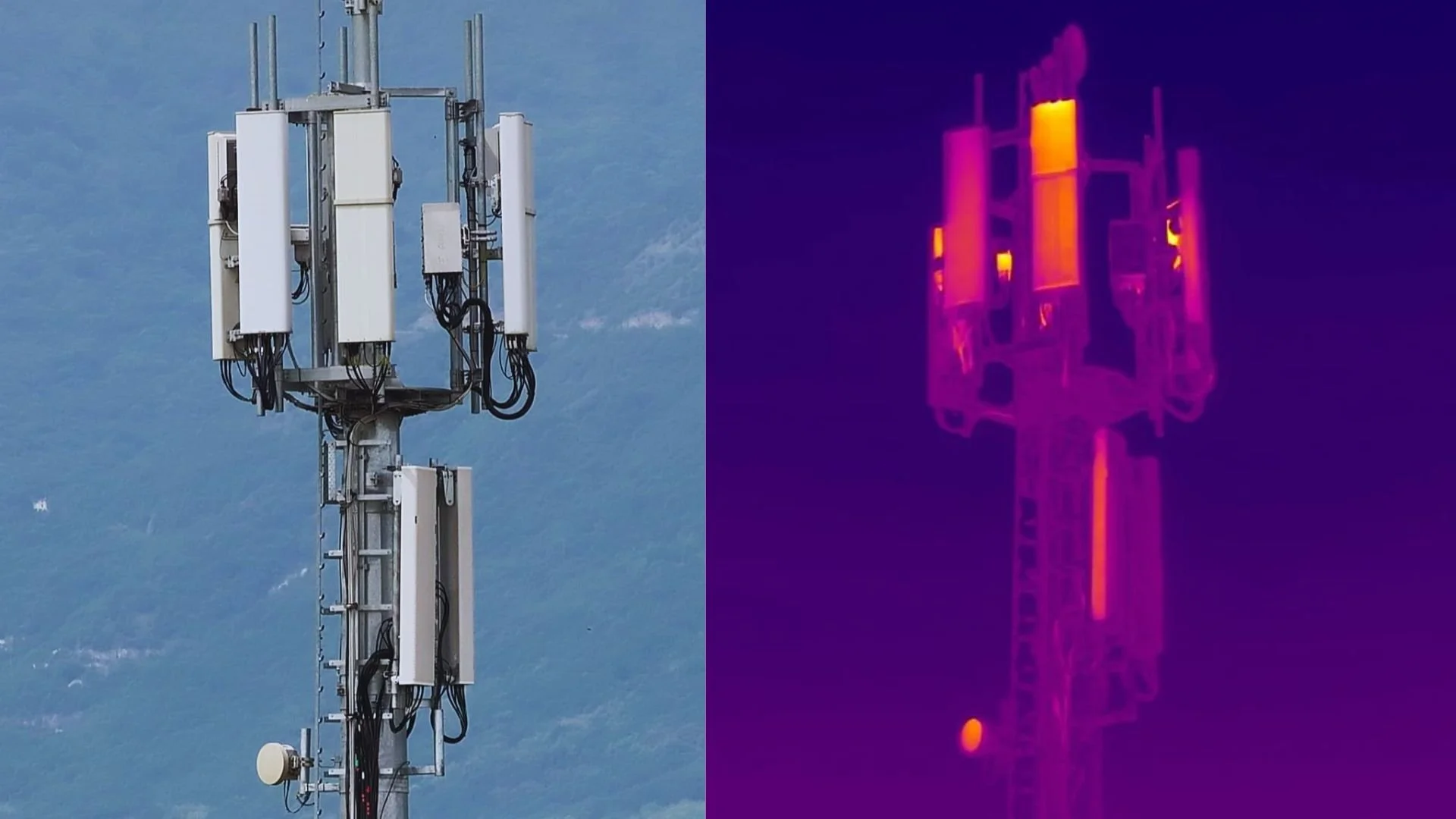 Ispezione con drone di linea elettrica e antenna con termografia